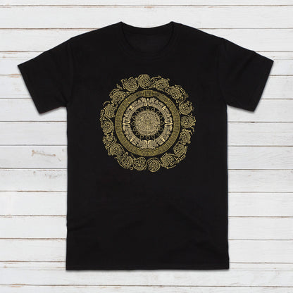 A black unisex T Shirt printed with a large design of a gold-coloured MayanIncan Aztec round calendar