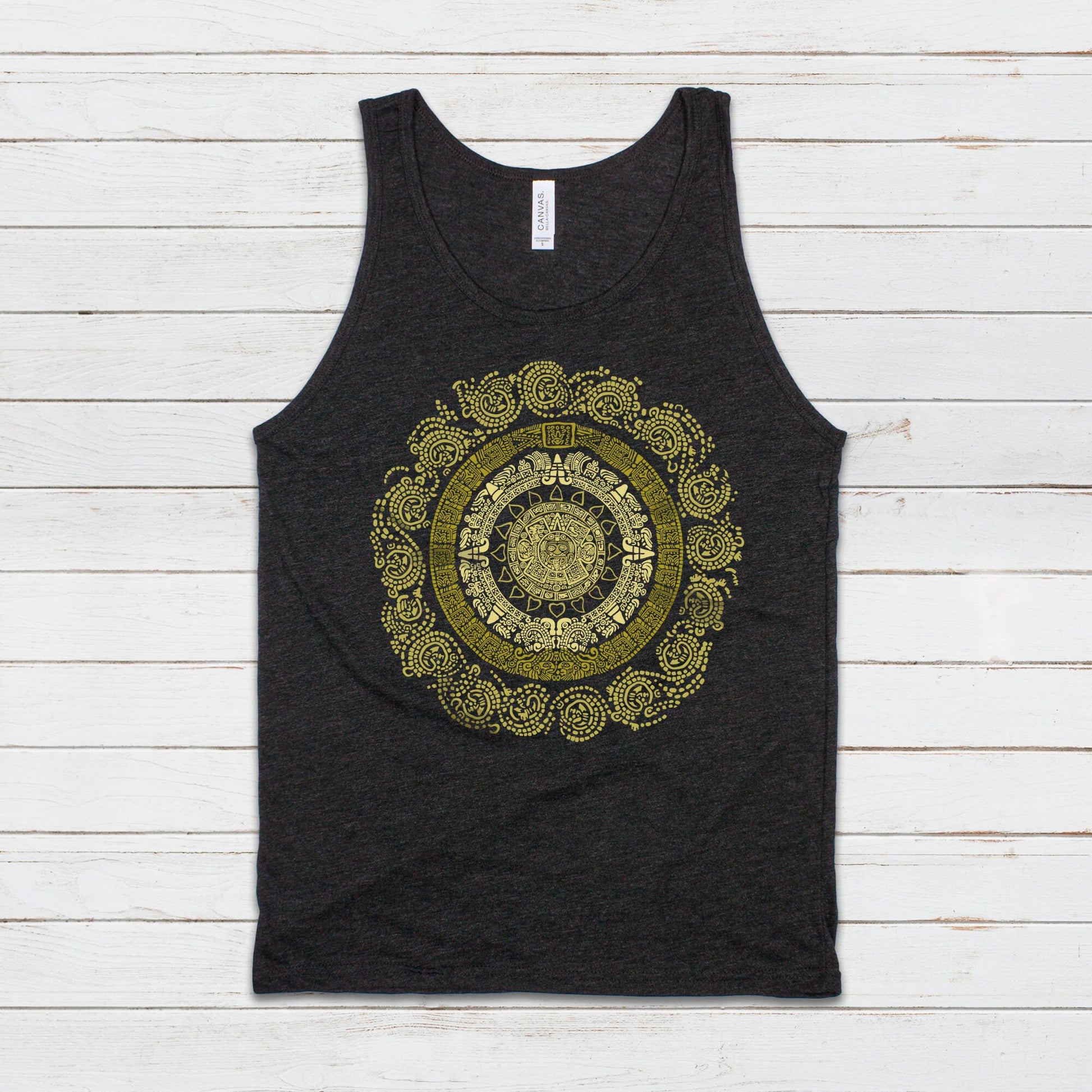 Aztec Mayan Round Calendar Symbols Tank Top Vest Vegan Incan Art Peru Quetzalcoatl Pyramid Mystic Serpent Andes Womens Mens Printed Cami Tee
