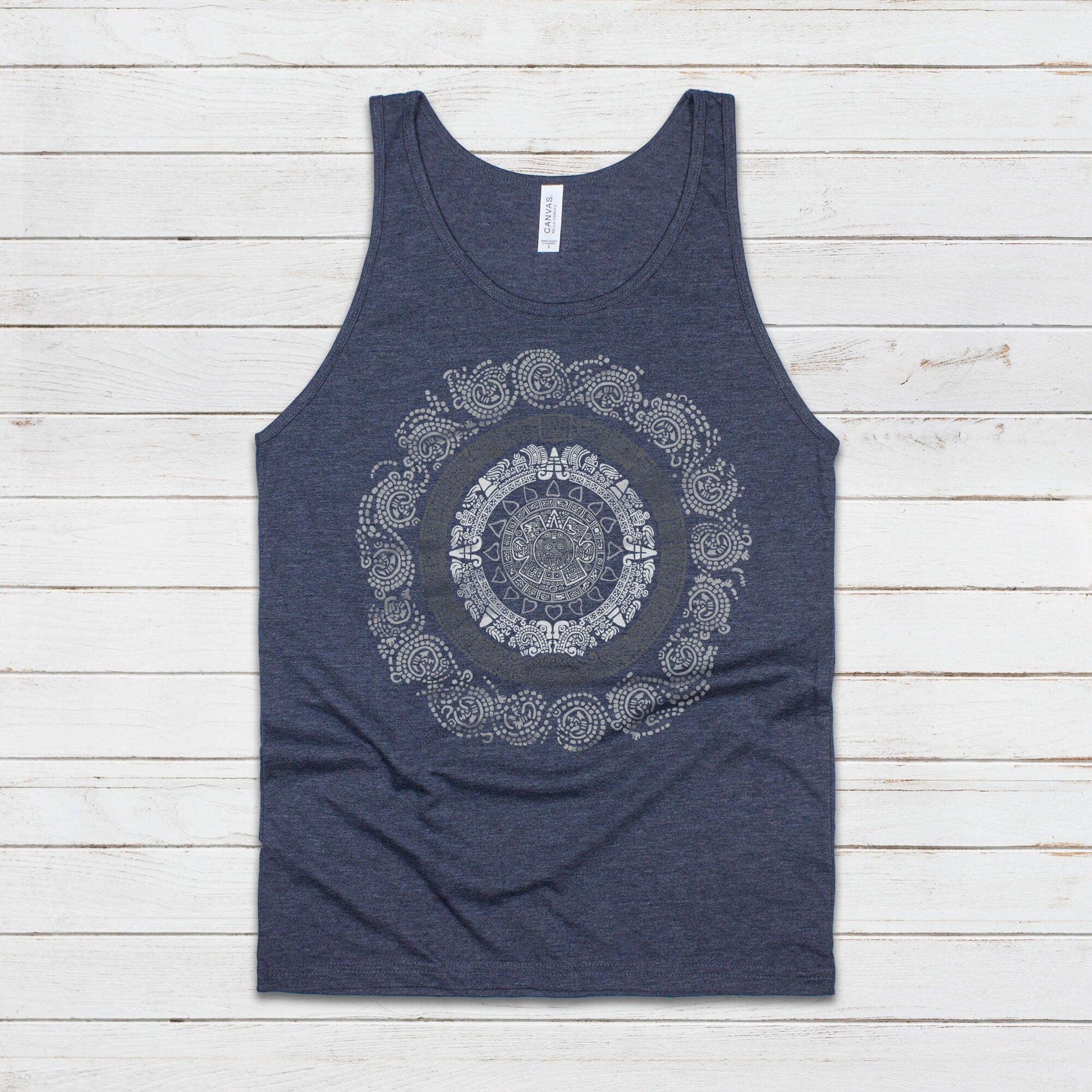 Aztec Mayan Round Calendar Symbols Tank Top Vest Vegan Incan Art Peru Quetzalcoatl Pyramid Mystic Serpent Andes Womens Mens Printed Cami Tee