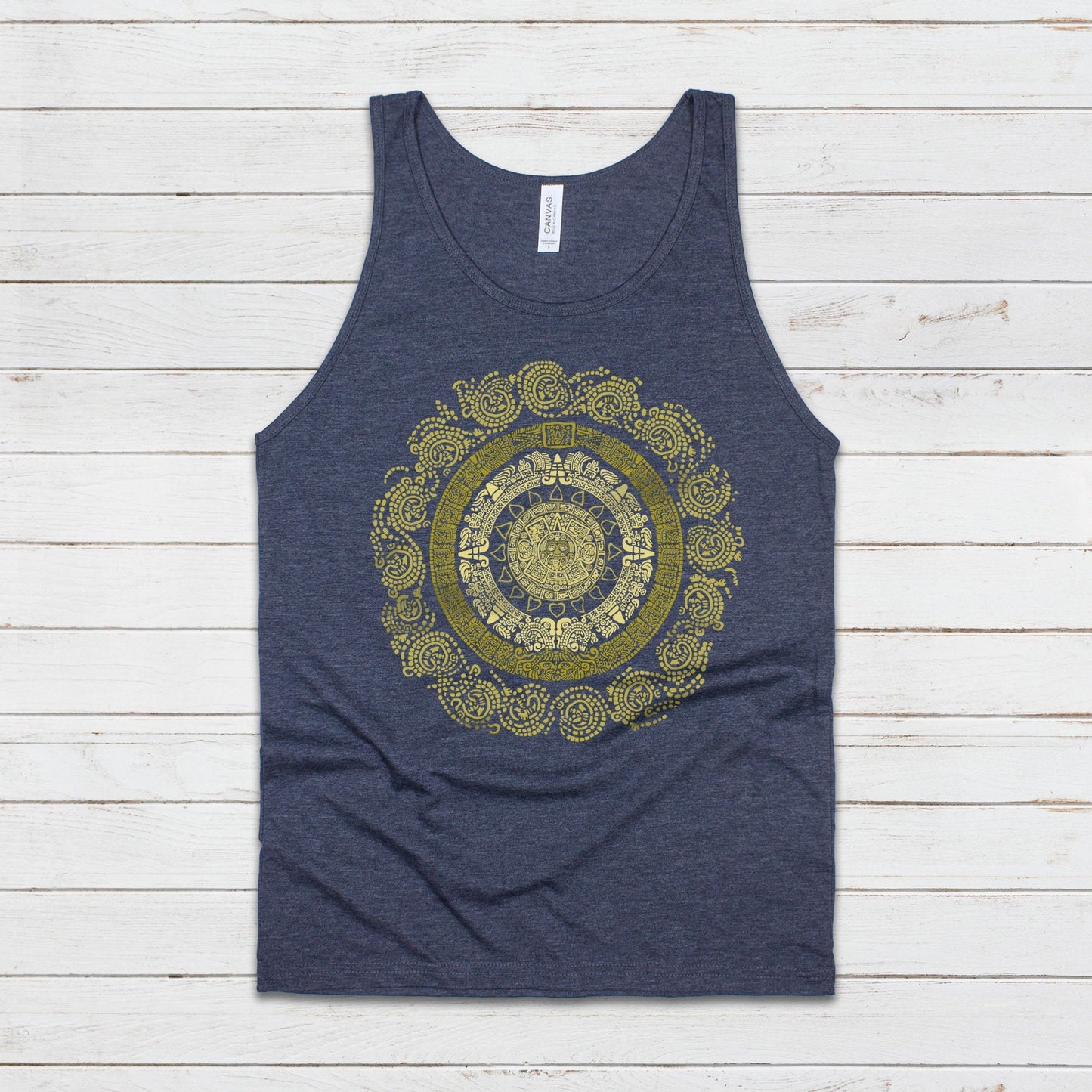 A navy blue vest tank top with a golden colour print of a Mayan Incan Aztec round calendar
