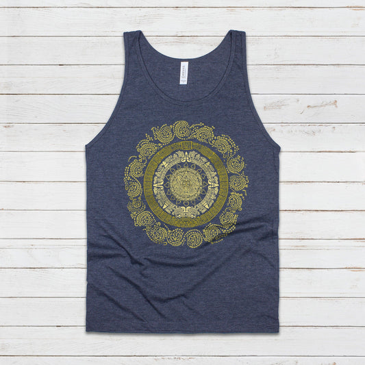 A navy blue vest tank top with a golden colour print of a Mayan Incan Aztec round calendar