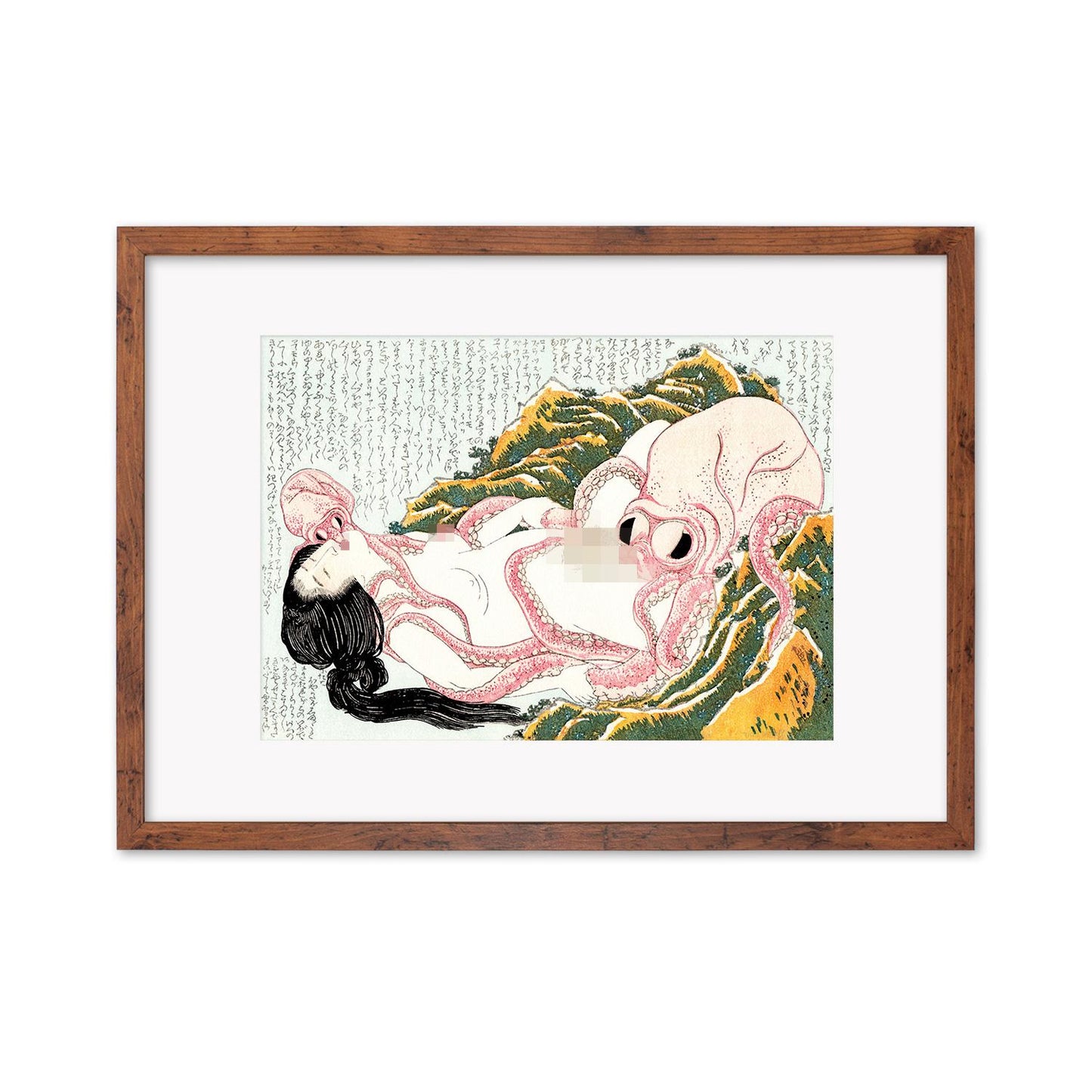 Japanese Shunga Art Framed Mounted Ukiyo-e Wall Decor Print Poster Woodblock Ama Diver Octopuses Hokusai Sensual Calligraphy Japan Tattoo