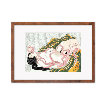 Japanese Shunga Art Framed Mounted Ukiyo-e Wall Decor Print Poster Woodblock Ama Diver Octopuses Hokusai Sensual Calligraphy Japan Tattoo