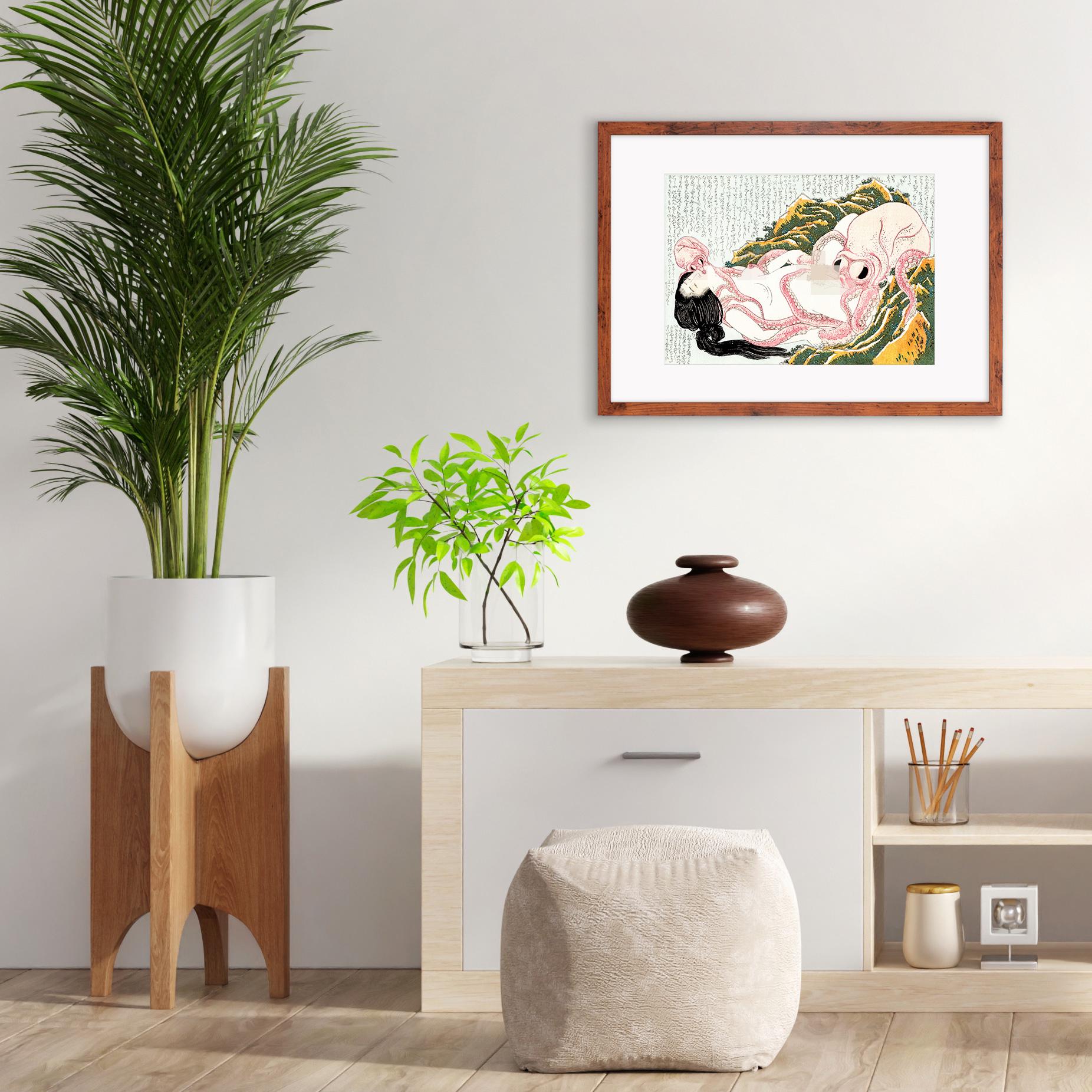 Japanese Shunga Art Framed Mounted Ukiyo-e Wall Decor Print Poster Woodblock Ama Diver Octopuses Hokusai Sensual Calligraphy Japan Tattoo