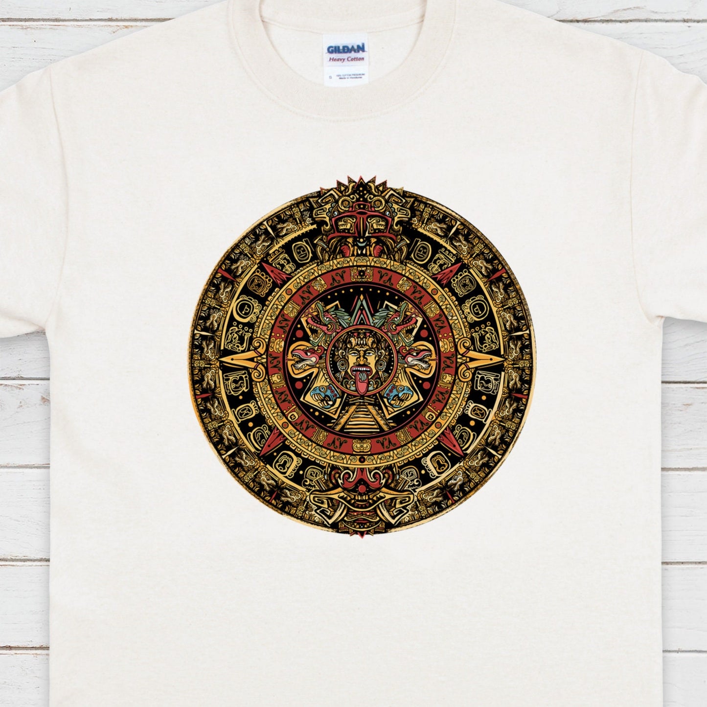 Aztec Mayan Round Calendar Symbols T Shirt Earth Vegan Incan Art Peru Quetzalcoatl Pyramid Mystic Serpent Andes Womens Mens Printed Tee Gift