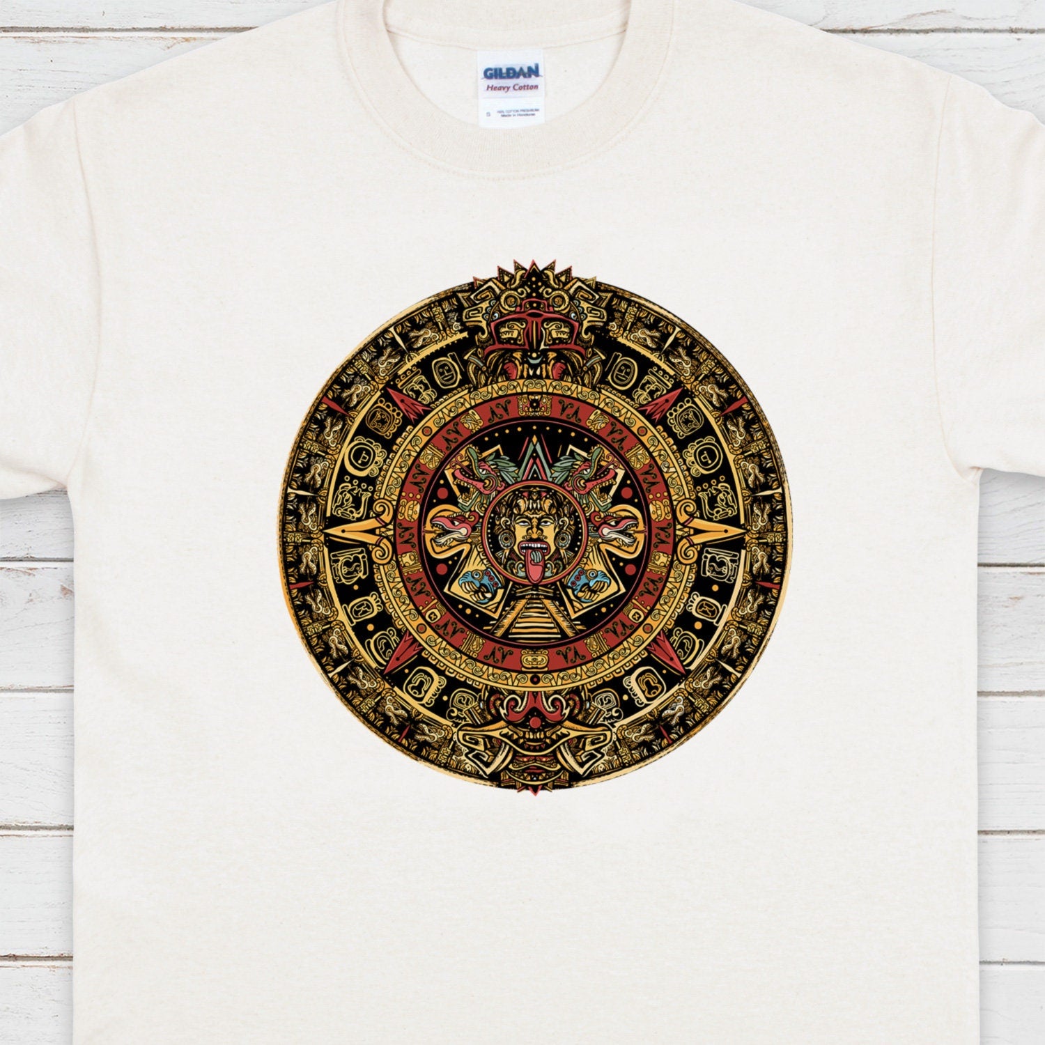Aztec Mayan Round Calendar Symbols T Shirt Earth Vegan Incan Art Peru Quetzalcoatl Pyramid Mystic Serpent Andes Womens Mens Printed Tee Gift
