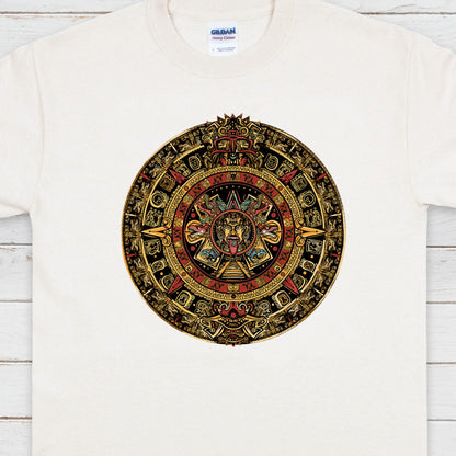 Aztec Mayan Round Calendar Symbols T Shirt Earth Vegan Incan Art Peru Quetzalcoatl Pyramid Mystic Serpent Andes Womens Mens Printed Tee Gift