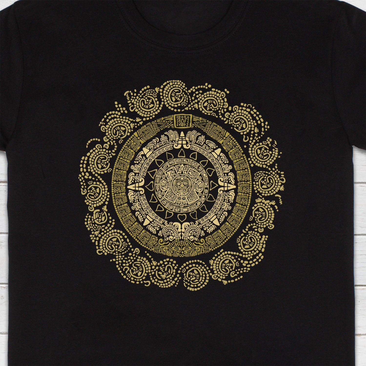 Aztec Mayan Round Calendar Symbols T Shirt Earth Vegan Incan Art Peru Quetzalcoatl Pyramid Mystic Serpent Andes Womens Mens Printed Tee Gift