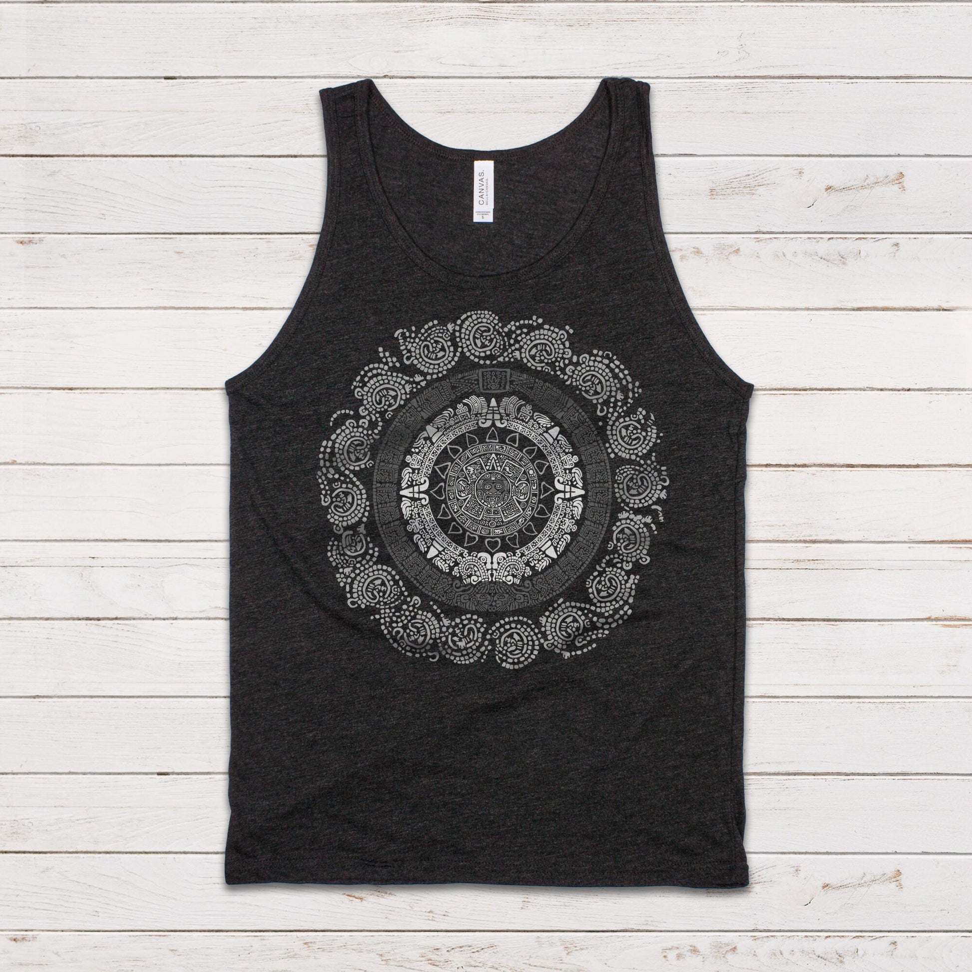 Aztec Mayan Round Calendar Symbols Tank Top Vest Vegan Incan Art Peru Quetzalcoatl Pyramid Mystic Serpent Andes Womens Mens Printed Cami Tee