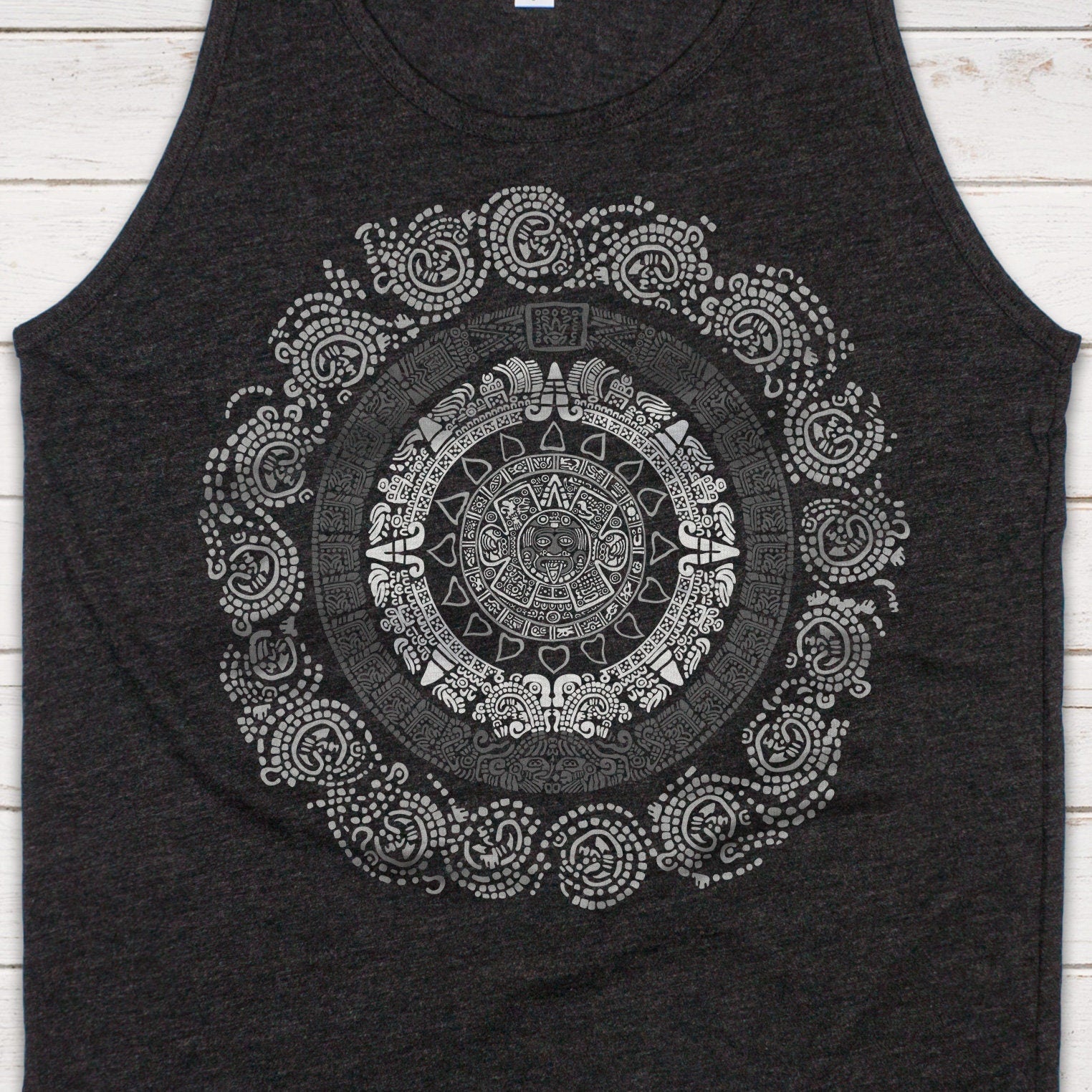 Aztec Mayan Round Calendar Symbols Tank Top Vest Vegan Incan Art Peru Quetzalcoatl Pyramid Mystic Serpent Andes Womens Mens Printed Cami Tee