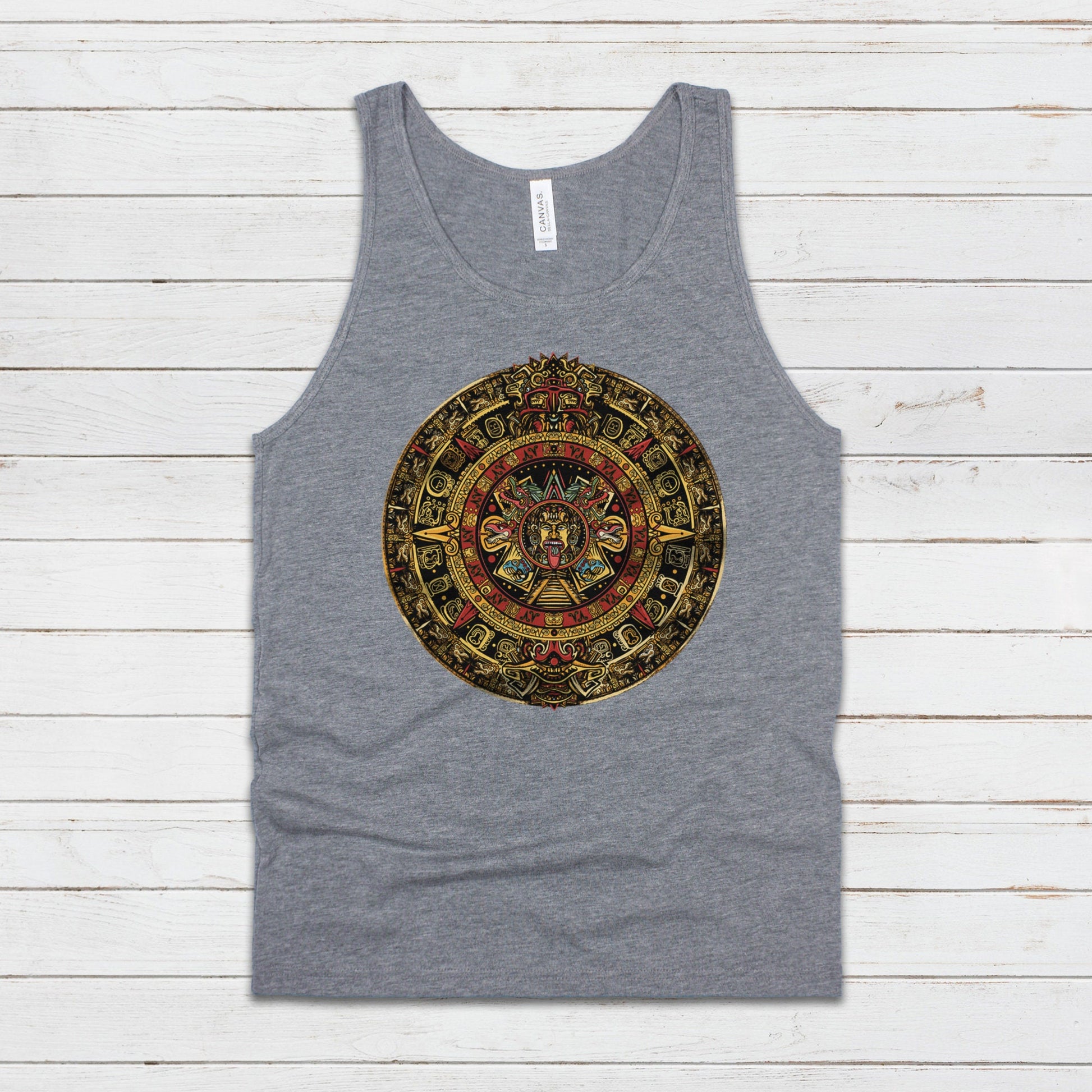 Aztec Mayan Round Calendar Symbols Tank Top Vest Vegan Incan Art Peru Quetzalcoatl Pyramid Mystic Serpent Andes Womens Mens Printed Cami Tee