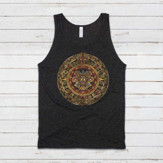 Aztec Mayan Round Calendar Symbols Tank Top Vest Vegan Incan Art Peru Quetzalcoatl Pyramid Mystic Serpent Andes Womens Mens Printed Cami Tee