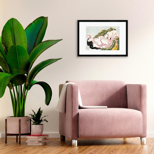 Japanese Shunga Art Framed Mounted Ukiyo-e Wall Decor Print Poster Woodblock Ama Diver Octopuses Hokusai Sensual Calligraphy Japan Tattoo