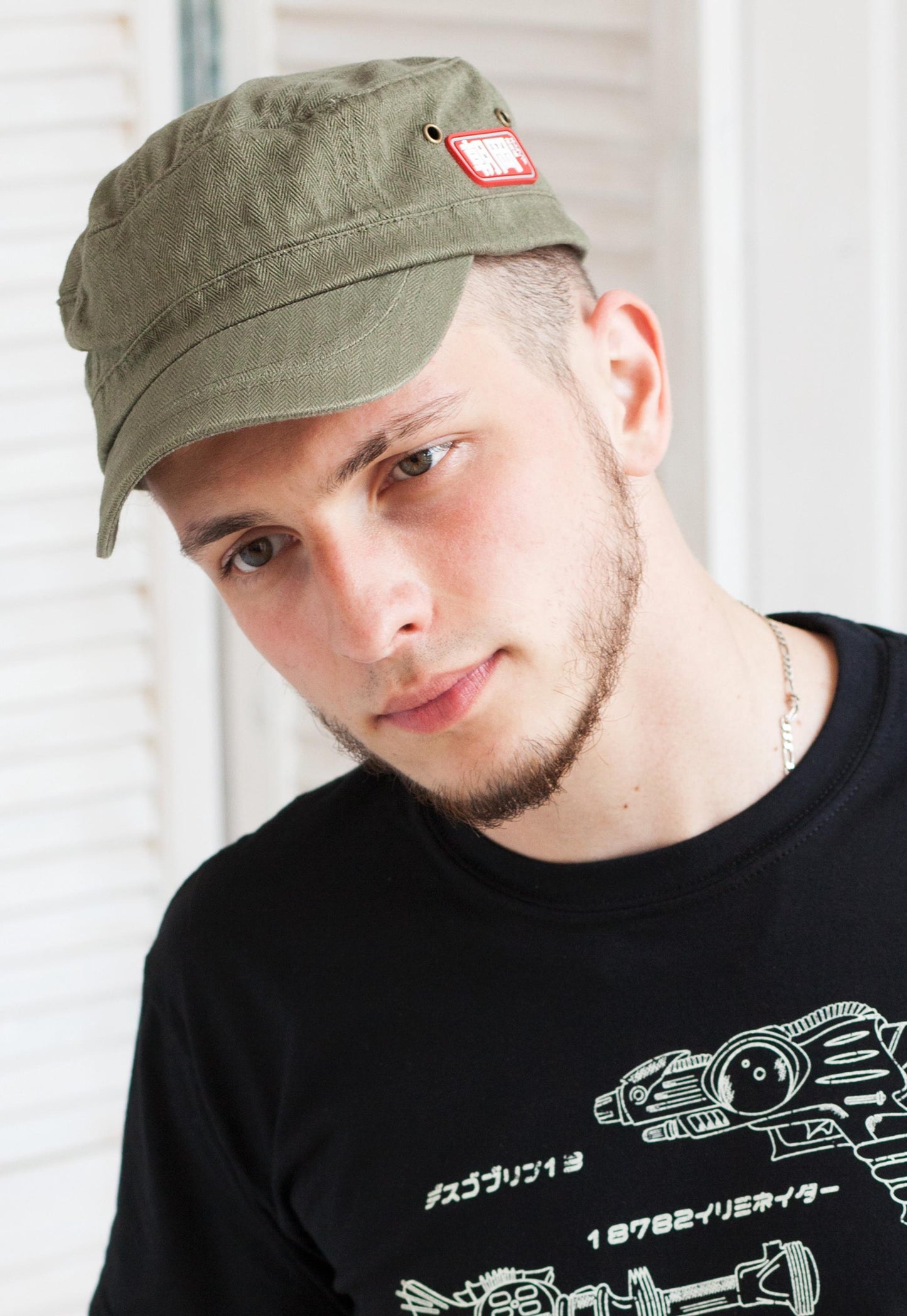 Cadet Army Cap with Japanese Vinyl Applique - Military Retro Vintage Mens Womens Khaki Green Hat Japan Aesthetic Streetwear Officer Kawaii