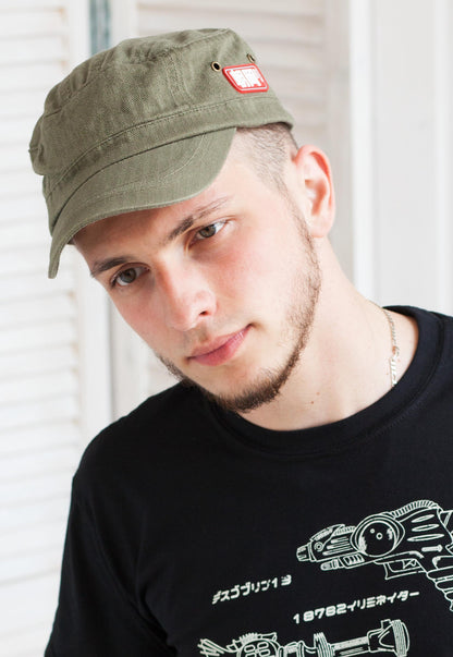 Cadet Army Cap with Japanese Vinyl Applique - Military Retro Vintage Mens Womens Khaki Green Hat Japan Aesthetic Streetwear Officer Kawaii