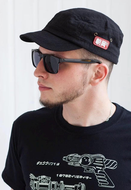 Cadet Army Cap with Japanese Vinyl Applique - Military Retro Vintage Mens Womens Black Kuroi Hat Japan Aesthetic Streetwear Officer Kawaii