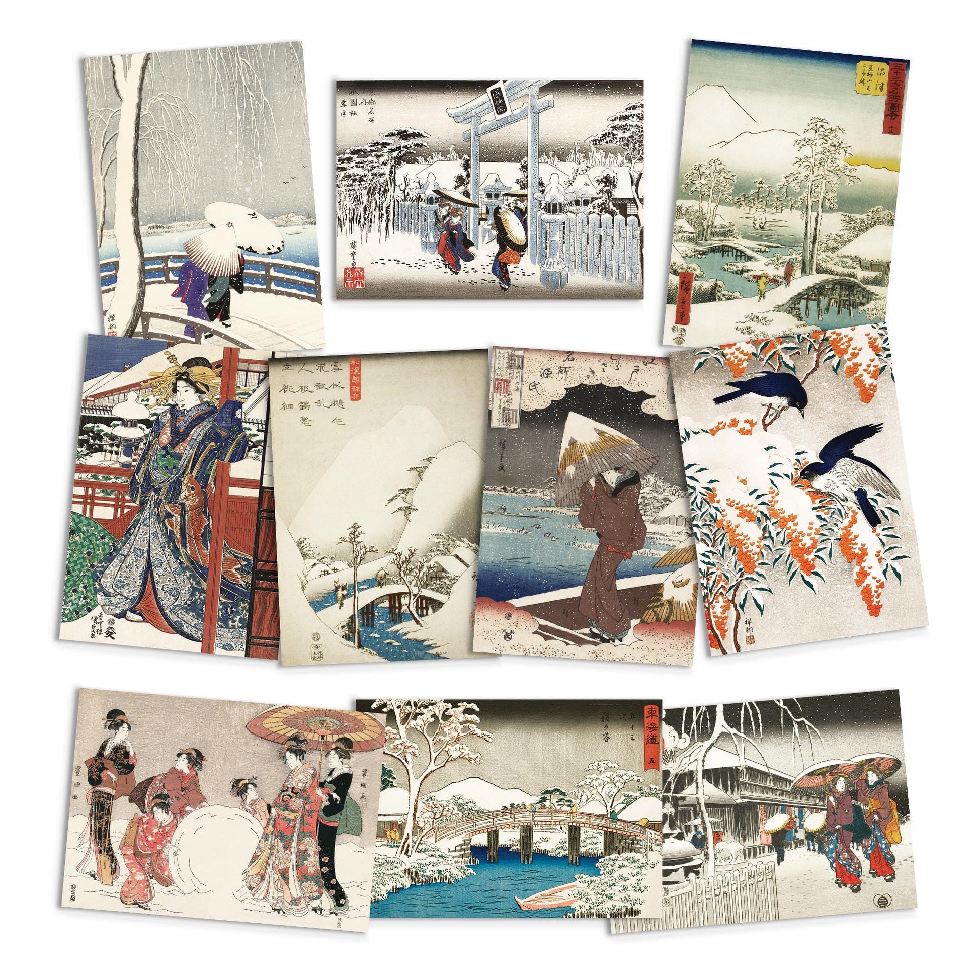 Japanese Ukiyo-e Art Greeting Cards Luxury Large Set of 10 - Christmas Card Xmas New Year Woodblock Print Hiroshige Hokusai Haiku Basho Poem