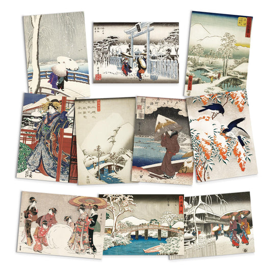 Japanese Ukiyo-e Art Greeting Cards Luxury Large Set of 10 - Christmas Card Xmas New Year Woodblock Print Hiroshige Hokusai Haiku Basho Issa