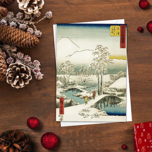Japanese Ukiyo-e Art Greeting Card Christmas Xmas New Year Winter Woodblock Print Aesthetic Hiroshige Beautiful Shiki Elegant Luxury - N79
