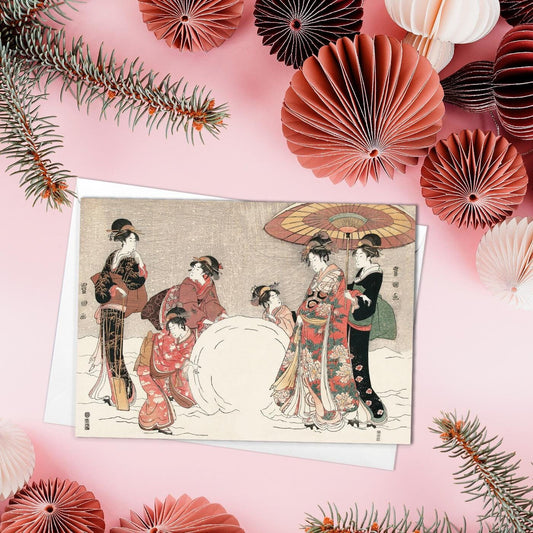 Japanese Ukiyo-e Art Greeting Card Christmas Xmas New Year Winter Woodblock Print Aesthetic Geisha Snow Snowball Kimono Elegant Luxury - S86