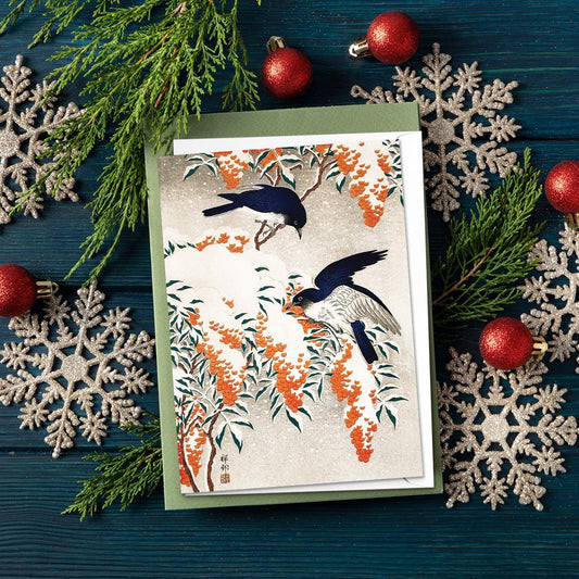 Japanese Ukiyo-e Art Greeting Card Christmas Xmas New Year Winter Woodblock Print Aesthetic Birds Snow Bamboo Rowan Ohara Koson Pretty N22