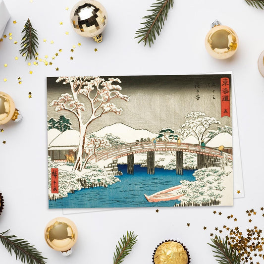Japanese Ukiyo-e Art Greeting Card Christmas Xmas New Year Winter Woodblock Print Aesthetic Snow Landscape Hiroshige Haiku Taigi Luxury H90