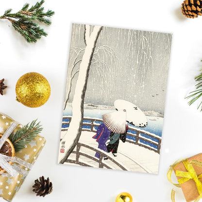 Japanese Ukiyo-e Art Greeting Card Christmas Xmas New Year Winter Woodblock Print Aesthetic Snow Ohara Koson Masaoka Shiki Haiku Luxury Y67