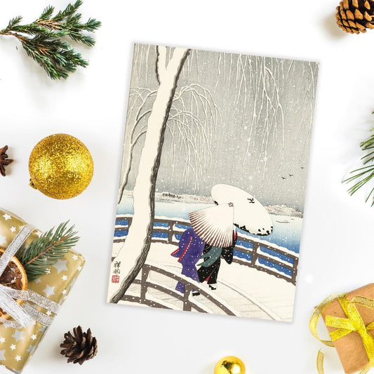 Japanese Ukiyo-e Art Greeting Card Christmas Xmas New Year Winter Woodblock Print Aesthetic Snow Ohara Koson Masaoka Shiki Haiku Luxury Y67