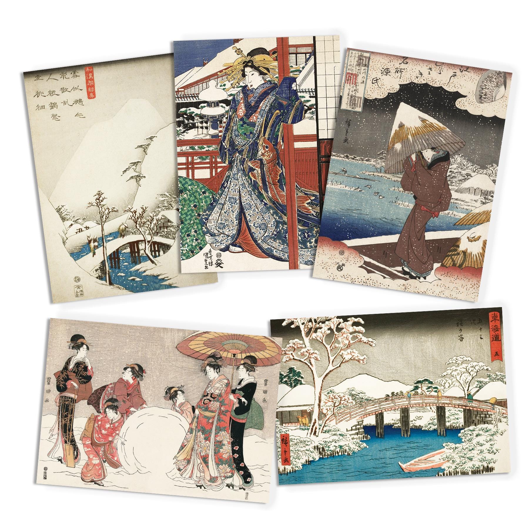 Japanese Ukiyo-e Art Greeting Cards Christmas Card Set Xmas New Year Winter Woodblock Print Large A5 C5 Luxury Hiroshige Hokusai Haiku Poem