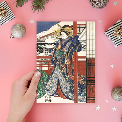 Japanese Ukiyo-e Art Greeting Card Christmas Xmas New Year Winter Woodblock Print Snow Oiran Geisha Maiko Koi Carp Haiku Fukuda Chiyo-ni O55