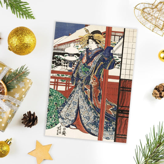 Japanese Ukiyo-e Art Greeting Card Christmas Xmas New Year Winter Woodblock Print Snow Oiran Geisha Maiko Koi Carp Haiku Fukuda Chiyo-ni O55
