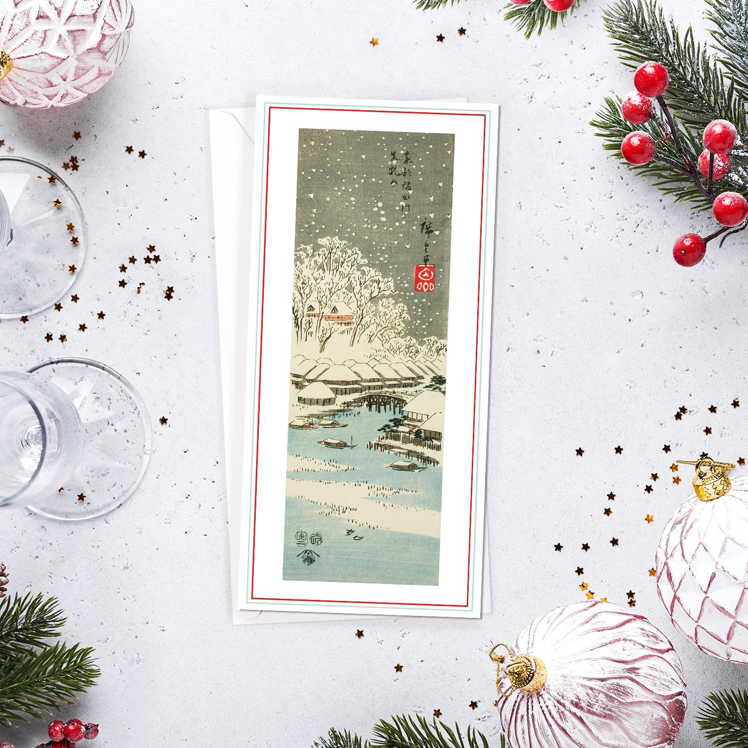 Japanese Ukiyo-e Art Greeting Cards Luxury Long Set of 5 - Christmas Card Xmas New Year Woodblock Print Hiroshige Greetings Calligraphy DL
