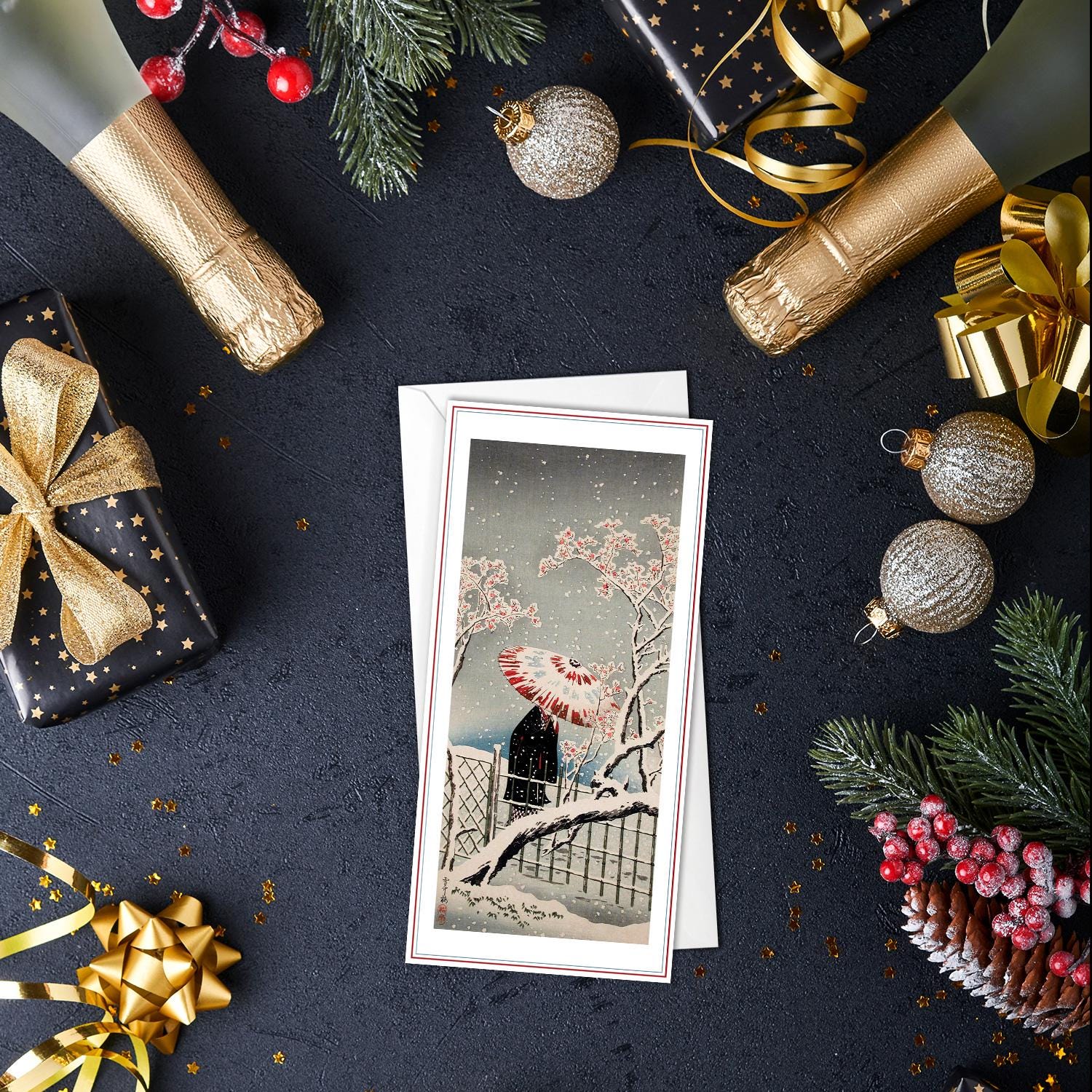 Japanese Ukiyo-e Art Greeting Cards Luxury Long Set of 5 - Christmas Card Xmas New Year Woodblock Print Hiroshige Greetings Calligraphy DL