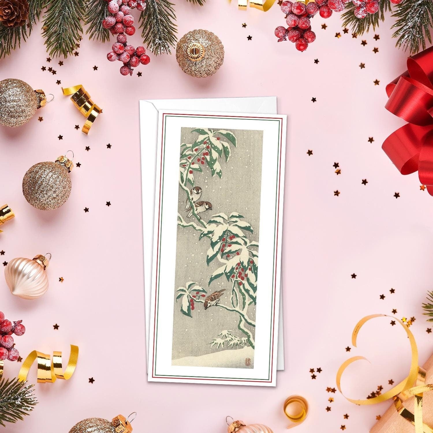 Japanese Ukiyo-e Art Greeting Card Christmas Xmas New Year Winter Woodblock Print Aesthetic Snow Ohara Koson Words Poem Elegant Luxury SN7