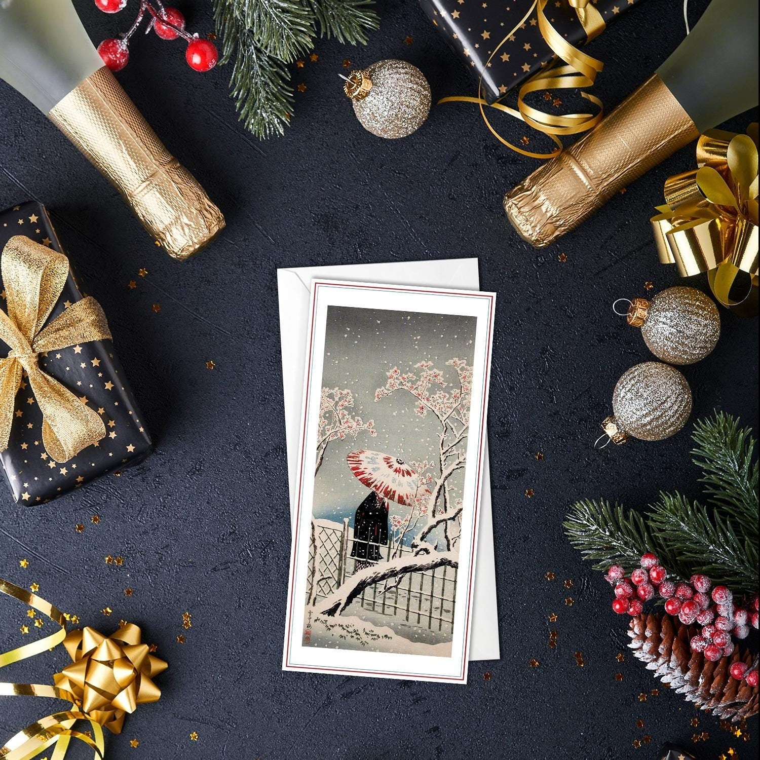 Japanese Ukiyo-e Art Greeting Card Christmas Xmas New Year Winter Woodblock Print Aesthetic Snow Takahashi Shotei Elegant Luxury Pretty KU9
