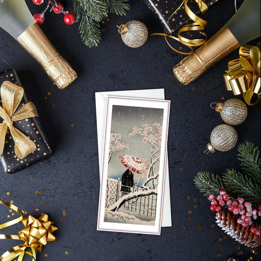 Japanese Ukiyo-e Art Greeting Card Christmas Xmas New Year Winter Woodblock Print Aesthetic Snow Takahashi Shotei Elegant Luxury Pretty KU9