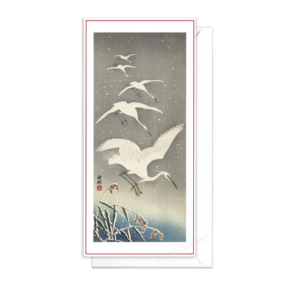Japanese Ukiyo-e Art Greeting Card Christmas Xmas New Year Winter Woodblock Print Snow Ohara Koson Egrets Beautiful Bird Elegant Luxury DE5
