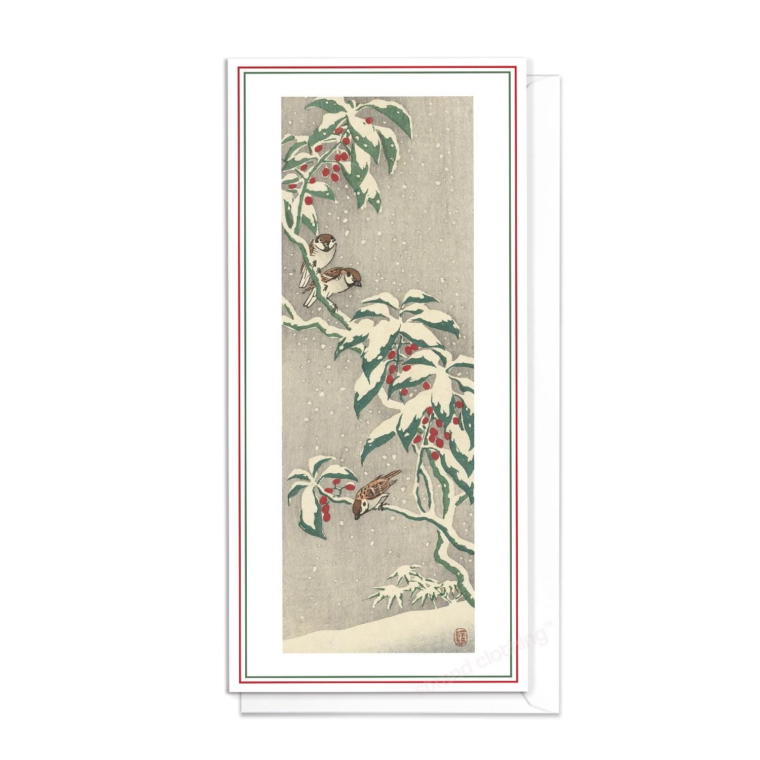 Japanese Ukiyo-e Art Greeting Card Christmas Xmas New Year Winter Woodblock Print Aesthetic Snow Ohara Koson Words Poem Elegant Luxury SN7