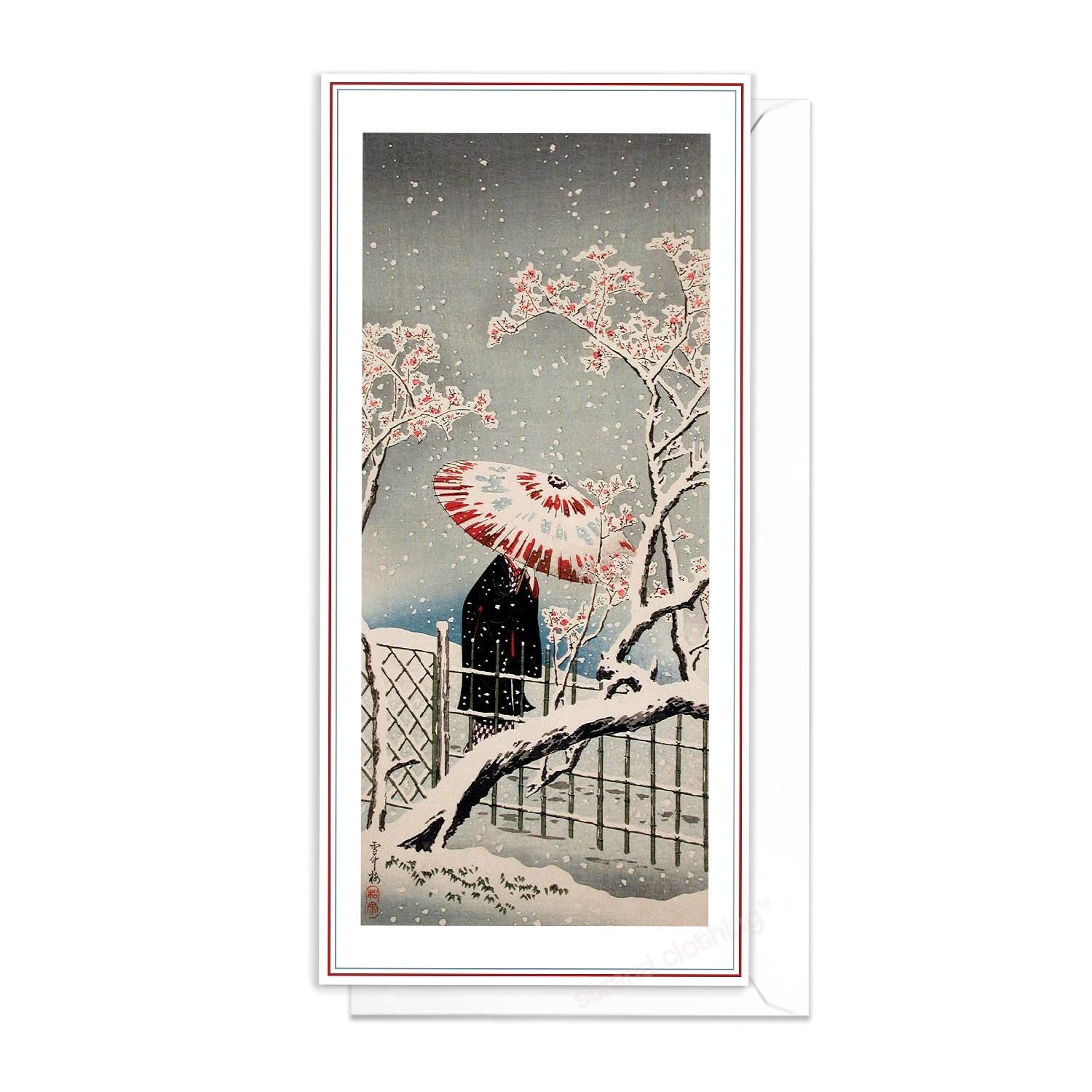 Japanese Ukiyo-e Art Greeting Card Christmas Xmas New Year Winter Woodblock Print Aesthetic Snow Takahashi Shotei Elegant Luxury Pretty KU9