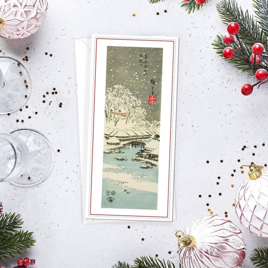 Japanese Ukiyo-e Art Greeting Card Christmas Xmas New Year Winter Woodblock Print Snow Utagawa Hiroshige Unique Festive Elegant Luxury MC1