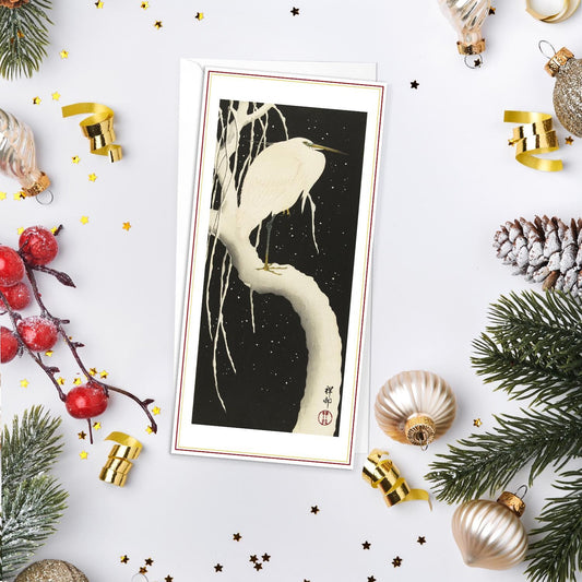 Japanese Ukiyo-e Art Greeting Card Christmas Xmas New Year Winter Woodblock Print Snow Ohara Koson Egret Beautiful Bird Elegant Luxury EG8