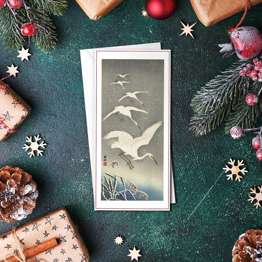 Japanese Ukiyo-e Art Greeting Card Christmas Xmas New Year Winter Woodblock Print Snow Ohara Koson Egrets Beautiful Bird Elegant Luxury DE5