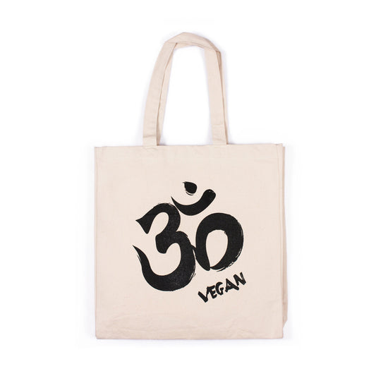 Om Vegan Tote Bag - Vegetarian Veggie Animals Ohm Aum Yoga Sanskrit Lotus Cotton Canvas Tote Shopper Bag Screen Printed Eco Friendly Market