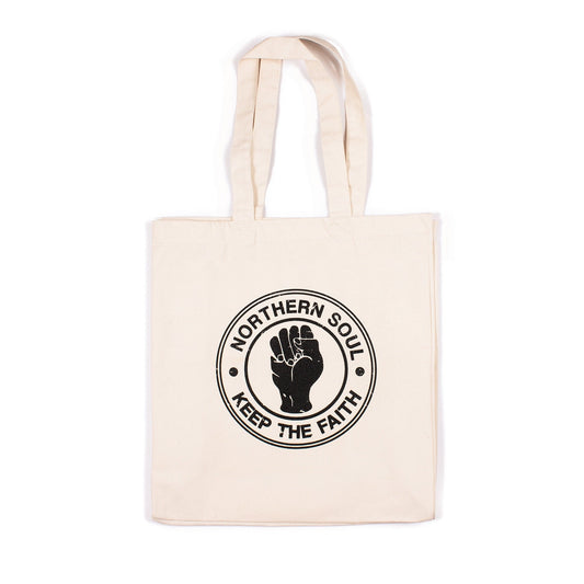 Northern Soul Tote Bag Keep The Faith Fist Logo Cotton Canvas Shopper Screen Printed Eco Friendly Market Retro Vintage Mod 60s 70s Music Rad