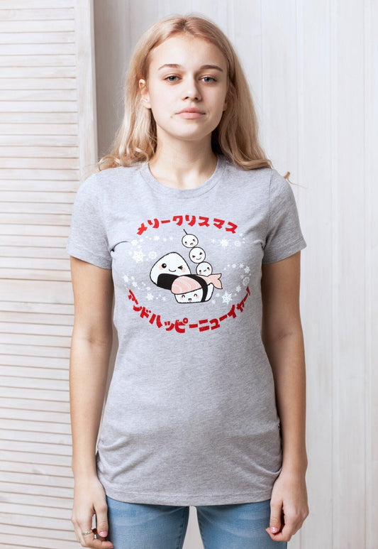 Japanese T Shirt Kawaii Sushi Christmas Party Japan Writing Kanji Anime Manga Holiday Kawaii Clothing Xmas Printed Ladies Girls Women's Tee
