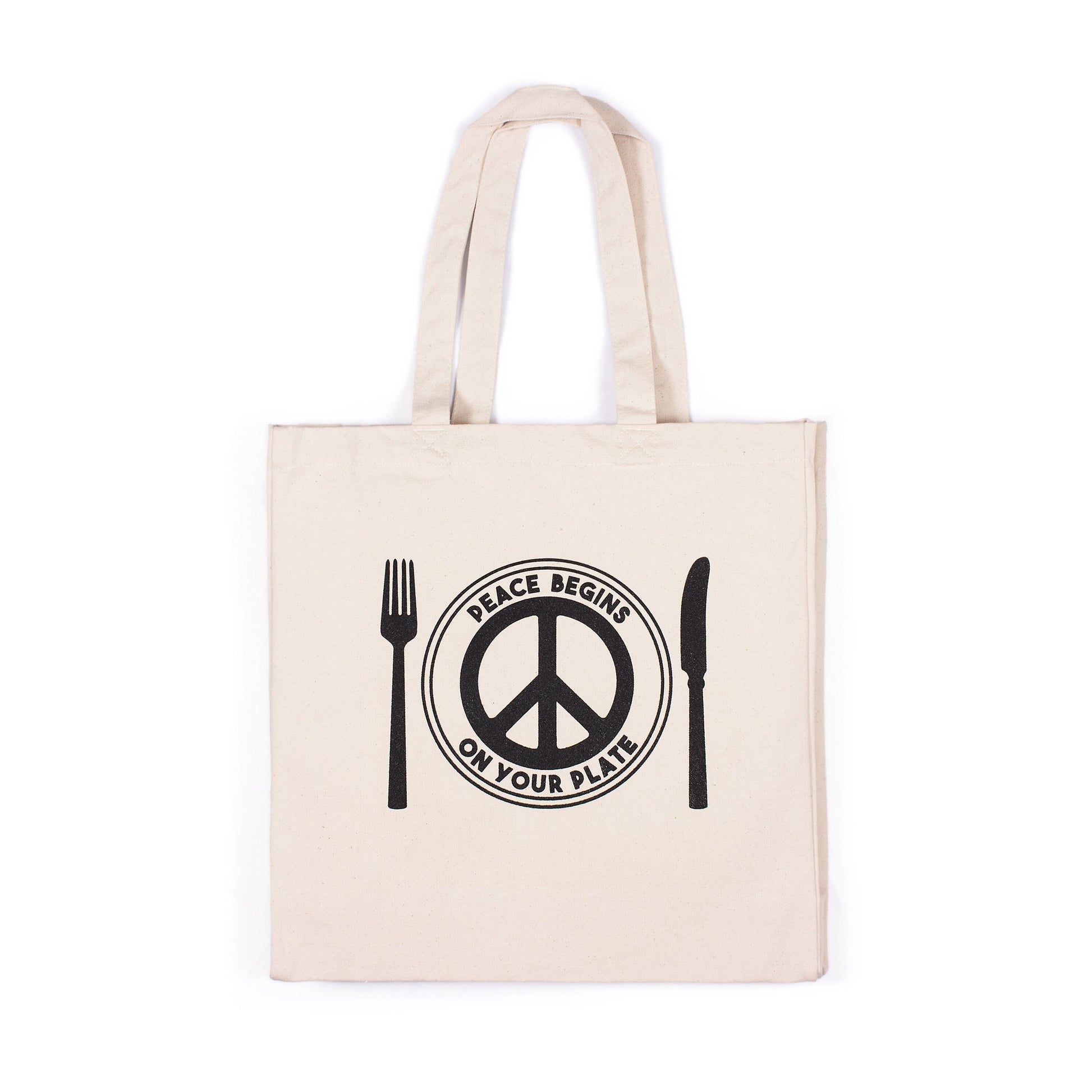 Vegan Tote Bag Peace Begins On Your Plate Egdy Veggie Peace Sign Cotton Canvas Tote Shopper Bag Screen Printed Eco Friendly Reusable Market