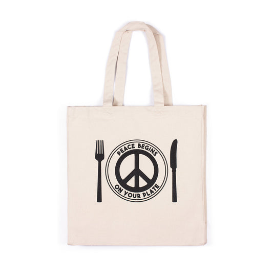 Vegan Tote Bag Peace Begins On Your Plate Egdy Veggie Peace Sign Cotton Canvas Tote Shopper Bag Screen Printed Eco Friendly Reusable Market