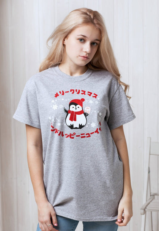 Japanese T Shirt Kawaii Christmas Penguin Santa Japan Anime Manga Holiday Xmas Happy New Year Cute Snowflake Printed Mens Womens Printed Tee
