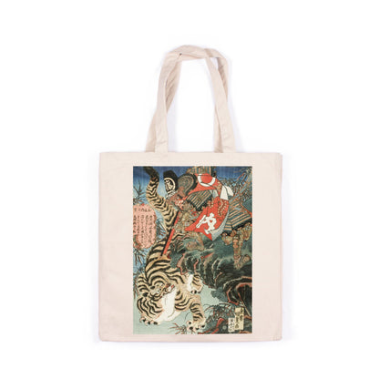 Japanese Samurai Tiger Canvas Tote Bag Ukiyo-e Traditional Art Utagawa Kunisada Armour Japan Yoga Cotton Shopper Printed Eco Friendly Market