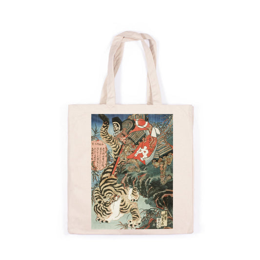 Japanese Samurai Tiger Canvas Tote Bag Ukiyo-e Traditional Art Utagawa Kunisada Armour Japan Yoga Cotton Shopper Printed Eco Friendly Market